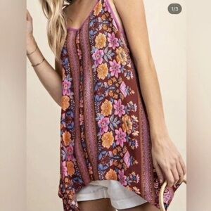 Kori America Floral Boho Shark Bite Tank V-Neck Strappy Back Tank Small